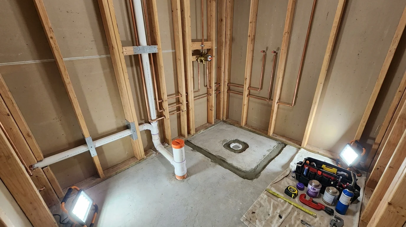 Bathroom rough-in plumbing during remodel by Johns Plumbing LLC in Gorham