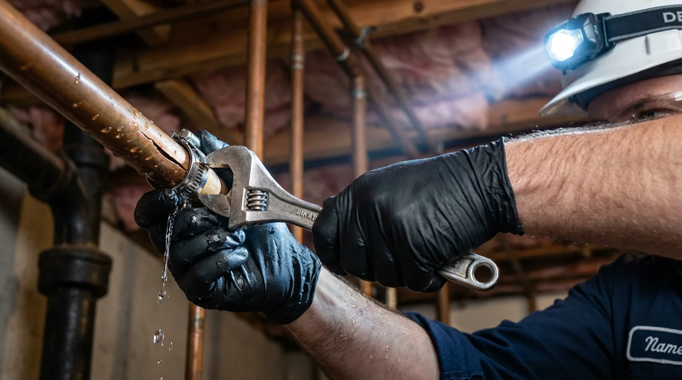 Emergency pipe clamp repair being performed by a Johns Plumbing LLC plumber in Gorham