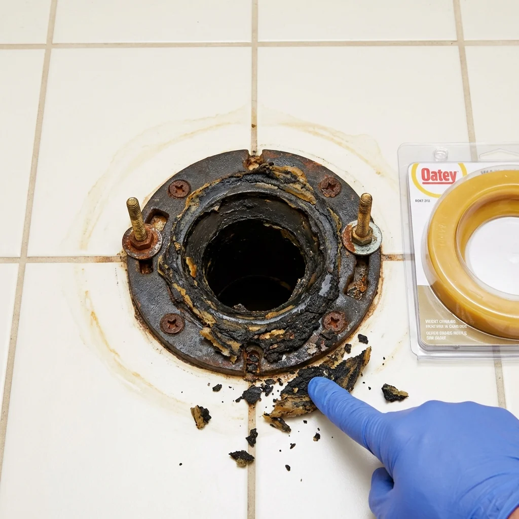 Failed wax ring showing water seepage at the base of a toilet in a Gorham, NH home